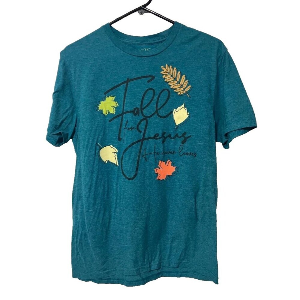 Fall‎ for Jesus He Never Leaves T-Shirt S Teal Green Love in Faith Aesthetic